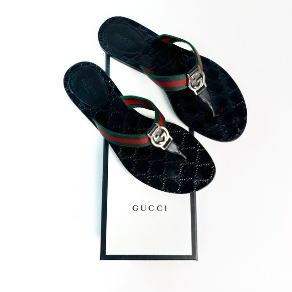GUCCI Black Web Stripe GG Sandal 40.5 Flat Flip Flop Leather Guccissima Embossed - Picture 1 of 12